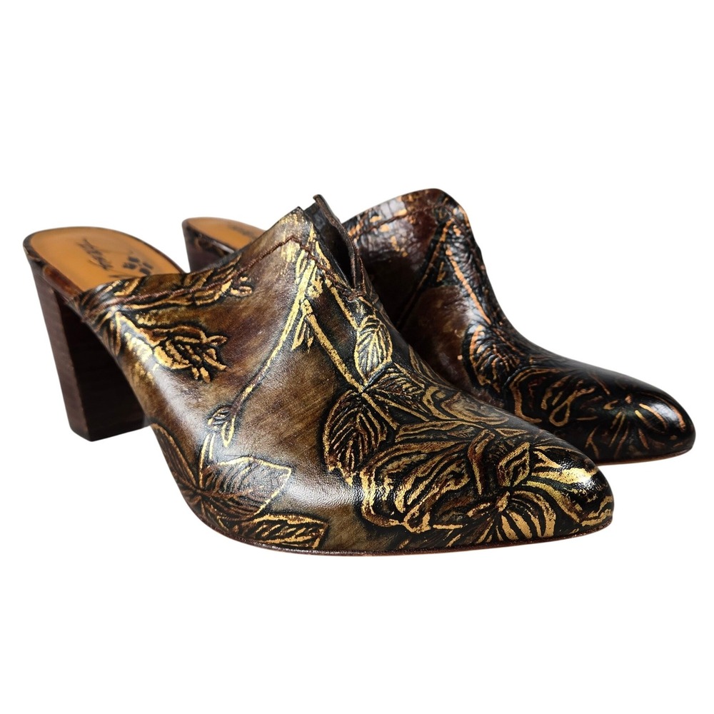 Patricia Nash Bronzed Floral Leather Ruffina Mules Gold Brown Block Heel Sz 7.5